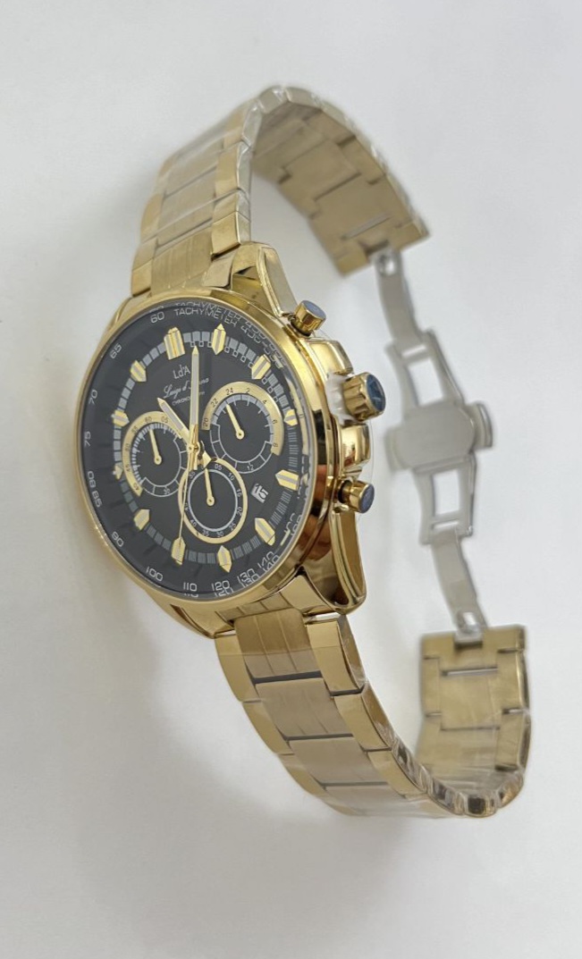 ساعت مچی سه موتوره قاب وبند طلایی تقویم دار