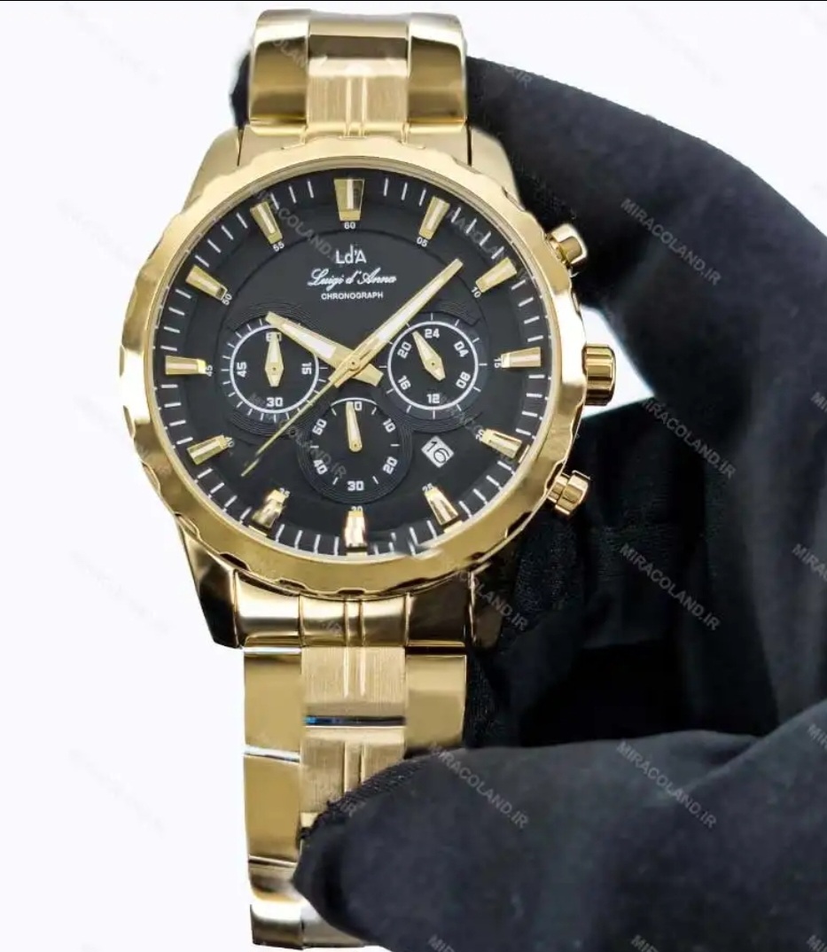 ساعت مچی سه موتوره قاب وبند طلایی تقویم دار