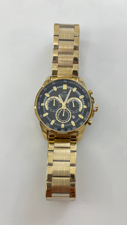 ساعت مچی سه موتوره قاب وبند طلایی تقویم دار