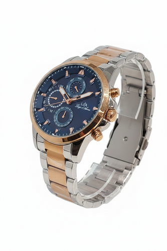 ساعت مچی ال دی ای مردانه فول تایم بند وقاب و قفل استیل و رزگلد صفحه سرمهای